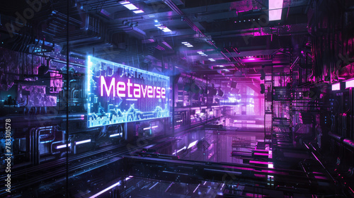 Metaverse of neon cyberpunk city, abstract dark futuristic virtual reality, digital tunnel. Concept of technology, future, cyber tech, dystopia