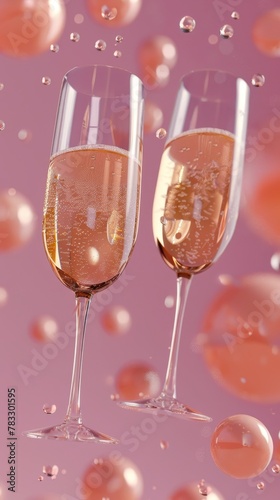 Floating champagne glasses in a celebration setting d style isolated flying objects memphis style d render   AI generated illustration