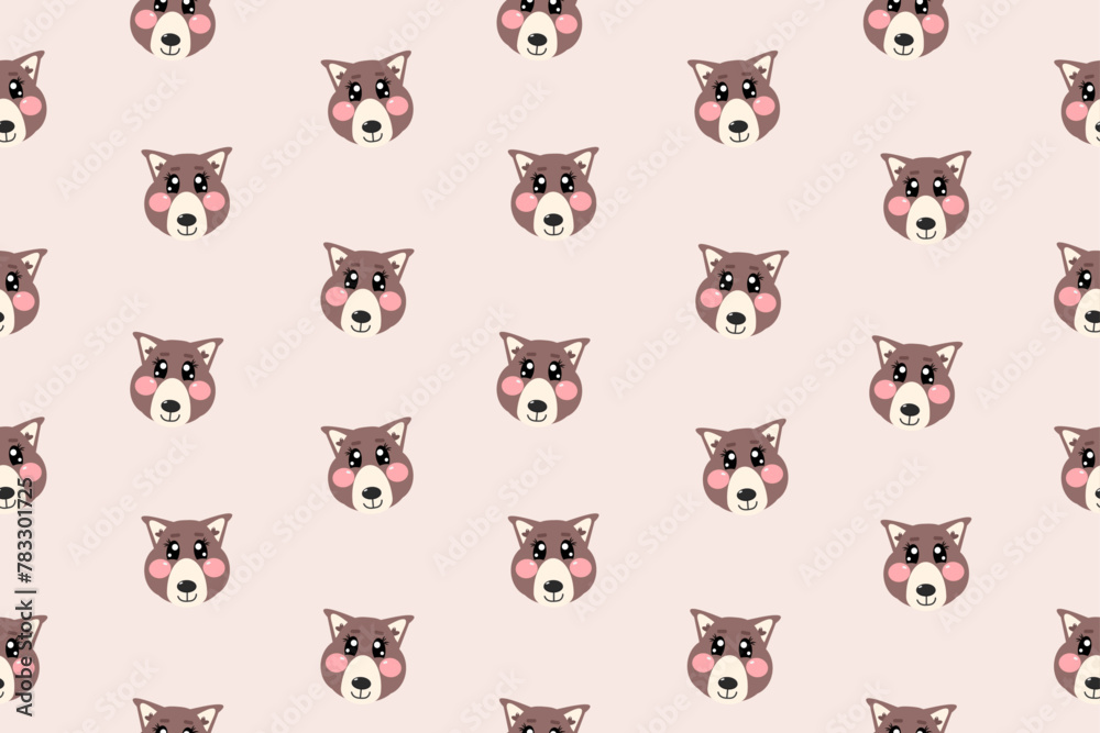 Fototapeta premium Seamless pattern with kawaii cute brown wolf face for children isolated on light beige background