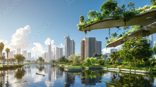 Floating gardens hover above the city providing a burst of greenery in the concrete jungle AI generated illustration