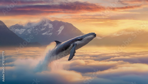 Surreal scene of a whale flying above the clouds. Beautiful sunset light through the mountain peaks. Free diving over the sky, dreamlike scene © psychoshadow