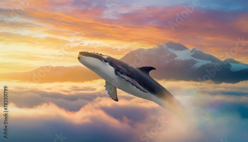 Whale floating above the clouds with a view to the sunset behind the mountain peaks photo