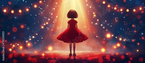 Young woman in a vibrant red dress standing gracefully against a powerful beam of light