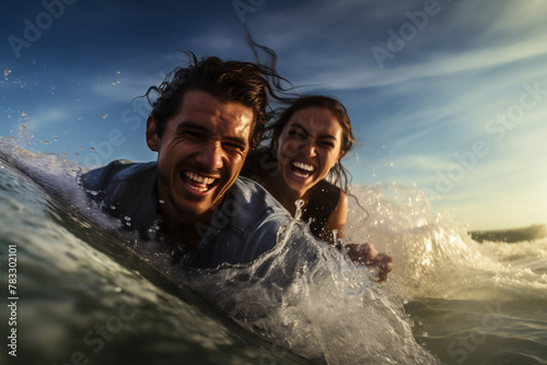Joyful Couple Surfing Together © Canvas Alchemy
