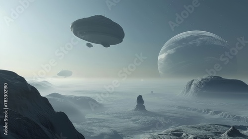 Flying objects in a dreamlike landscape AI generated illustration