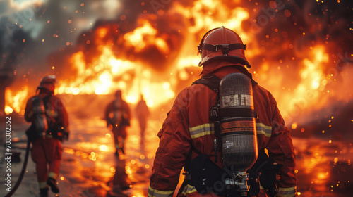 Close-up portrait of a firefighter in uniform, with fire and smoke in the background. Dangerous work concept. © Katerina Bond