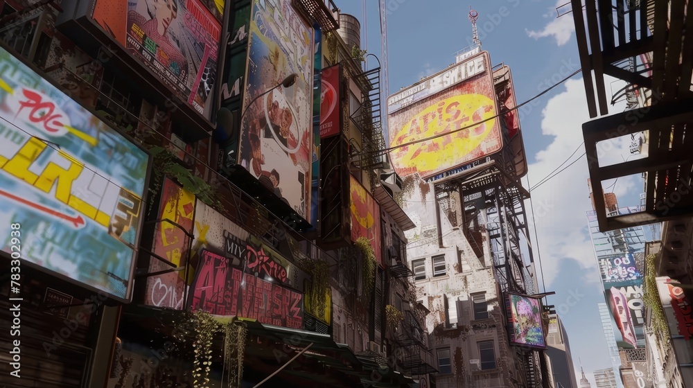 Fototapeta premium Giant billboards tower over the maze-like alleyways below AI generated illustration