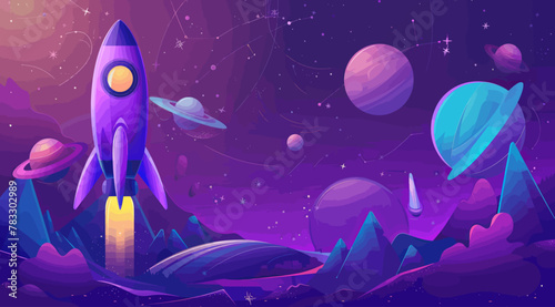a colorful space scene with a rocket and planets