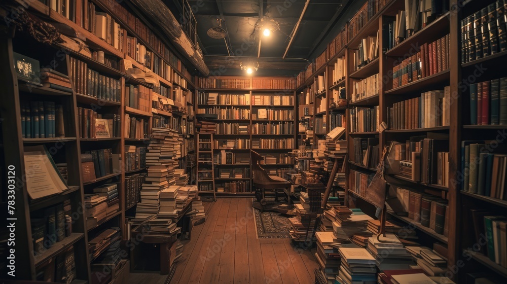An antique bookstore interior, shelves filled with old books, warm lighting, a sense of history and knowledge. Resplendent.