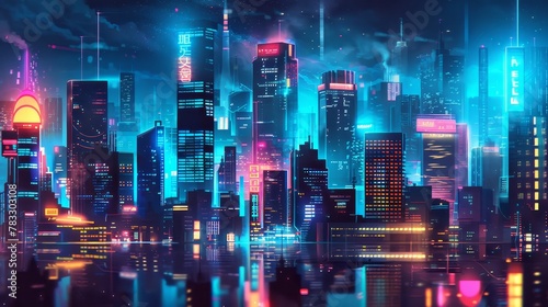 Glowing neon signs illuminate the futuristic city skyline AI generated illustration