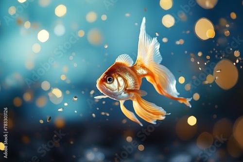 goldfish on a blue background with bokeh photo