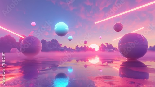 Glowing orbs floating in a neon-colored sky d style isolated flying objects memphis style d render AI generated illustration