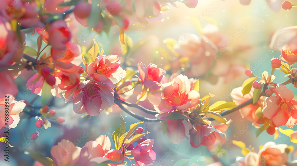 Vibrant Spring Flowers Bloom in a Garden, Creating a Colorful Nature Scene with Bright Pink and Red Blossoms, Surrounded by Bokeh Lights Vibrant Spring Flowers Bloom in a Garden, Creating a Colorful Nature Scene with Bright Pink and Red Blossoms, Surrounded by Bokeh Lights