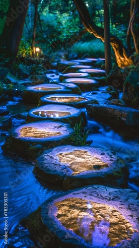 Glowing stepping stones leading to unknown destinations AI generated illustration