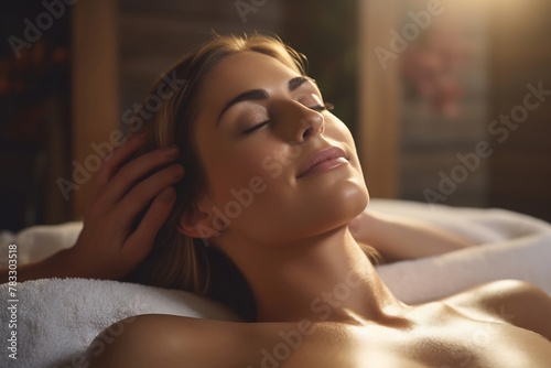 Peaceful Woman Enjoying Neck Massage at Spa Retreat