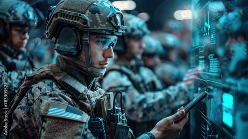 AI technology in the army. Warfare analytic operator checking coordination of the military team. Military commander with a digital tablet device with artificial intelligence operating troops outdoors. photo