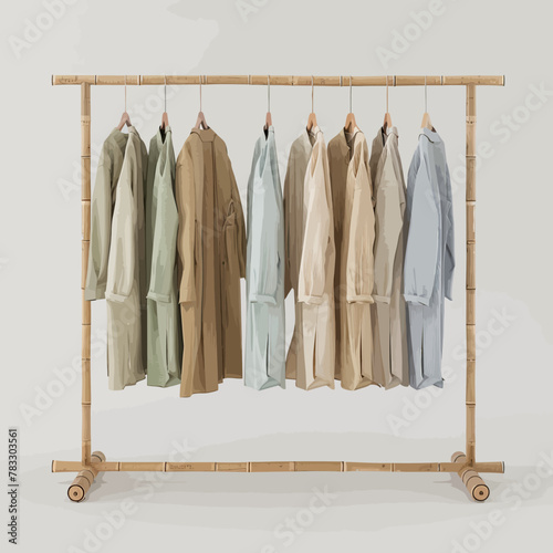 a bamboo rack with clothes hanging on it