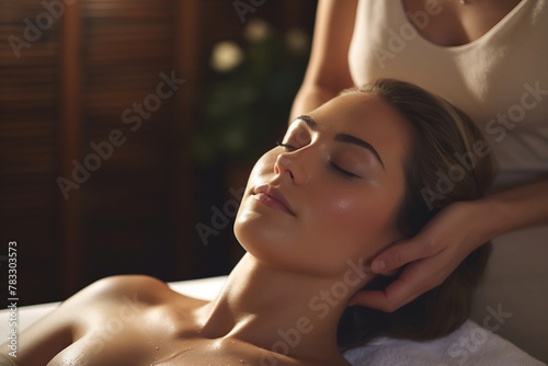 Elegant Woman Experiencing Forehead Massage at Luxurious Spa