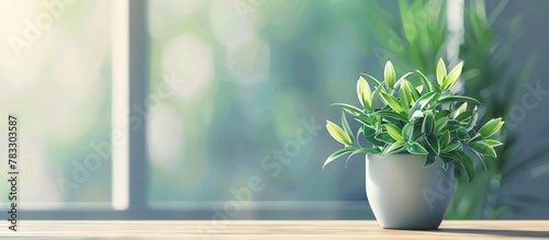Placed on a table in front of a window, a plant adds a touch of greenery and nature indoors.