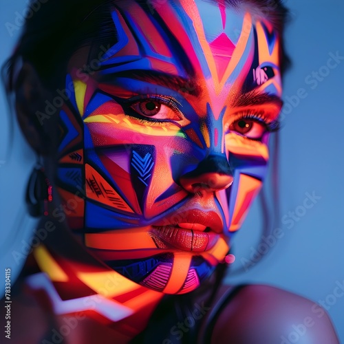 Striking Geometric Portrait with Vibrant Futuristic Facial Artwork and Captivating Lighting