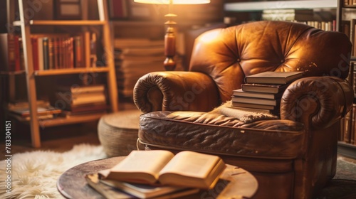 Vintage Leather Armchair and Classic Novels in Cozy Home Corner