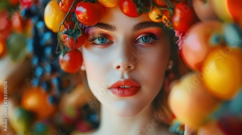 Captivating Portrait of a Woman with Food-Themed Makeup and Accessories
