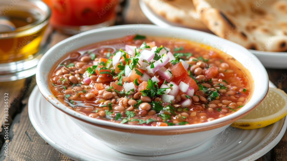 Bowl of egyptian-style cooked beans garnished with fresh vegetables, served with bread and tea Bowl of egyptian-style cooked beans garnished with fresh vegetables, served with bread and tea