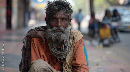 guy faced beggar with ragged clothes begs on the street