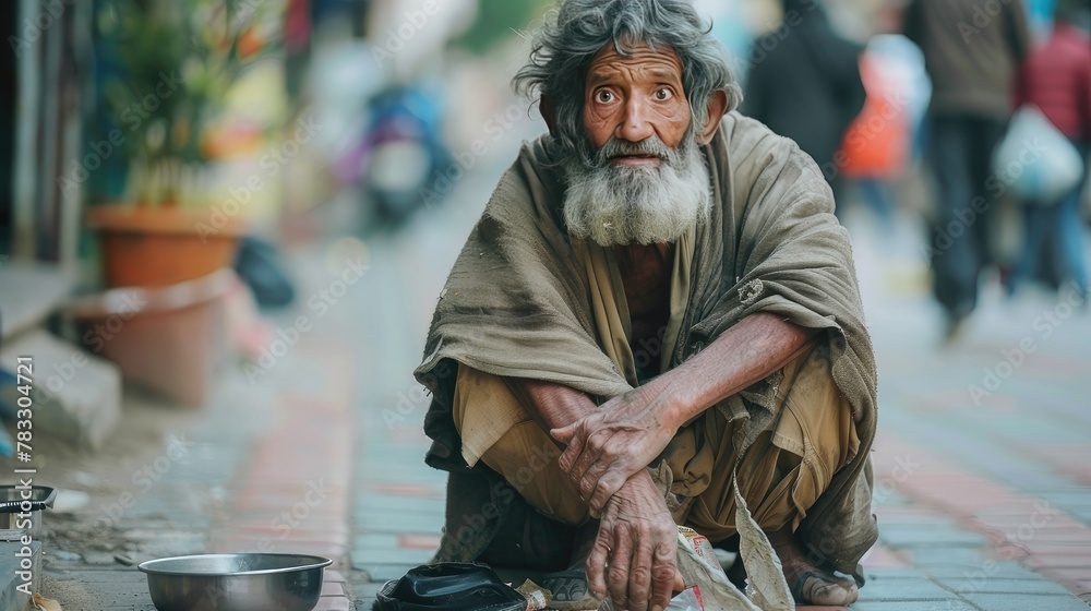 guy faced beggar with ragged clothes begs on the street