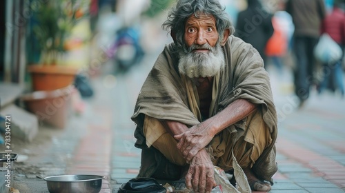 guy faced beggar with ragged clothes begs on the street photo