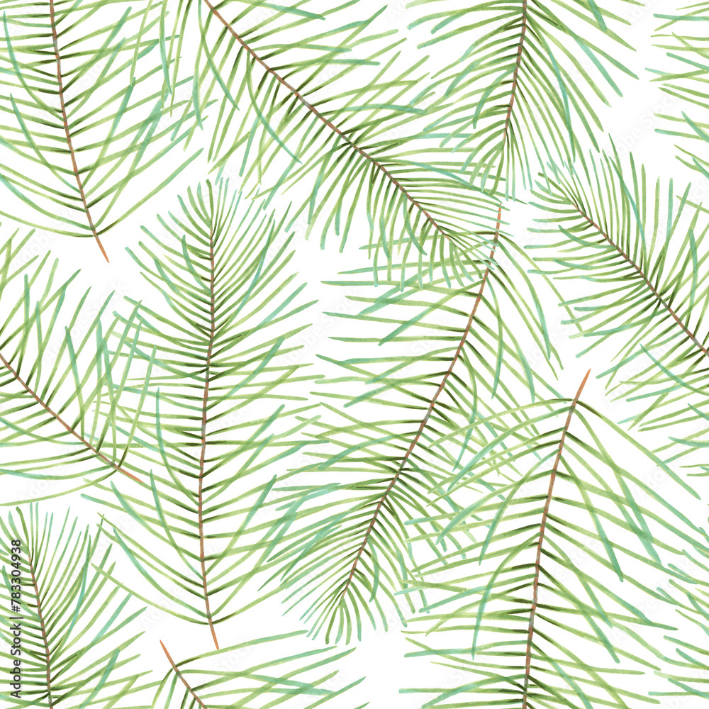 Seamless pattern of pine and fir branches. Christmas background with evergreen plant.Illustration with watercolor and marker. Hand drawn art. Nature print for the New Year with a cedar branch