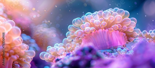 Colorful purple and blue corals are surrounded by bubbles in the clear water, creating a vibrant underwater scene © AkuAku