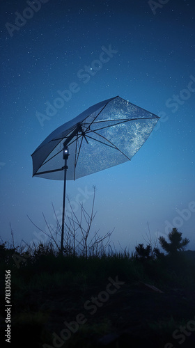 Starry night umbrella silhouette against a twilight sky, great for conceptual uses like protection, dreams and night-time themes.