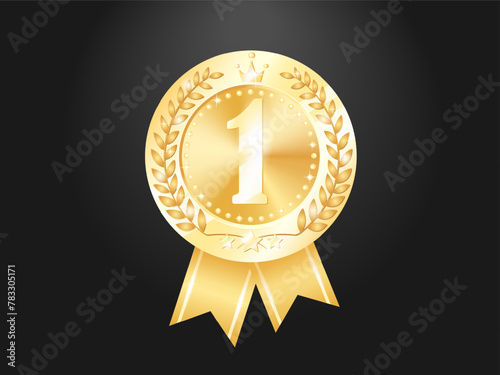 Number one Realistic gold medal with ribbon on black background.  Vector graphics