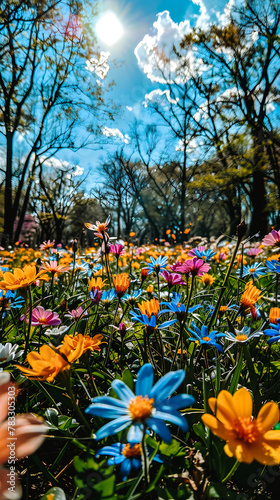 Parc fleuri avec une multitude de fleurs colorées au printemps