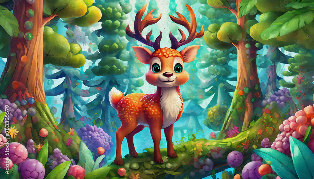 Naklejka premium oil painting style CARTOON CHARACTER CUTE Red deer stag in the misty forest,