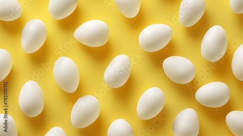 Pattern of egg shaped candy flat laid against yellow background 