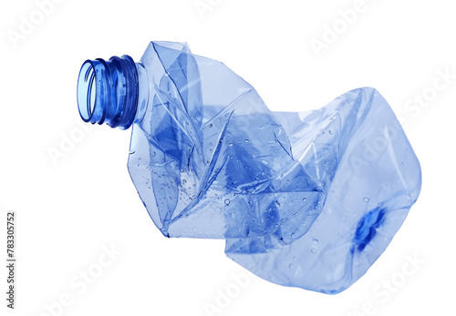 Blue plastic bottle crumpled, isolated on white, clipping path