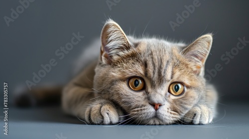 Shy cat, worried cat, depressed poor kitty, unhappy chubby British short hair kitten isolated on gray background, concept of mental health, depression, anxiety, shy and anti social  photo