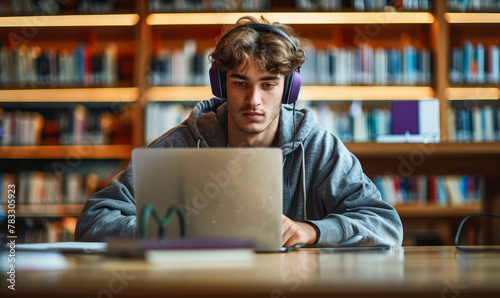 Diligent Student Buckling Down for Exams: Focused Young Man with Headphones Working on Laptop in College Library photo