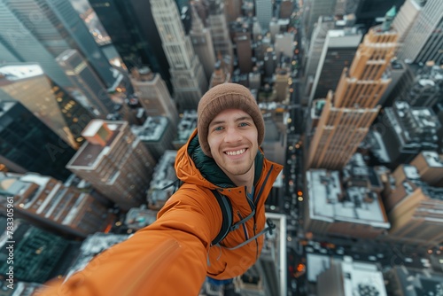 Smiling Daredevil young man standing on top of tall skyscraper takes a selfie shot with the city buildings bellow him