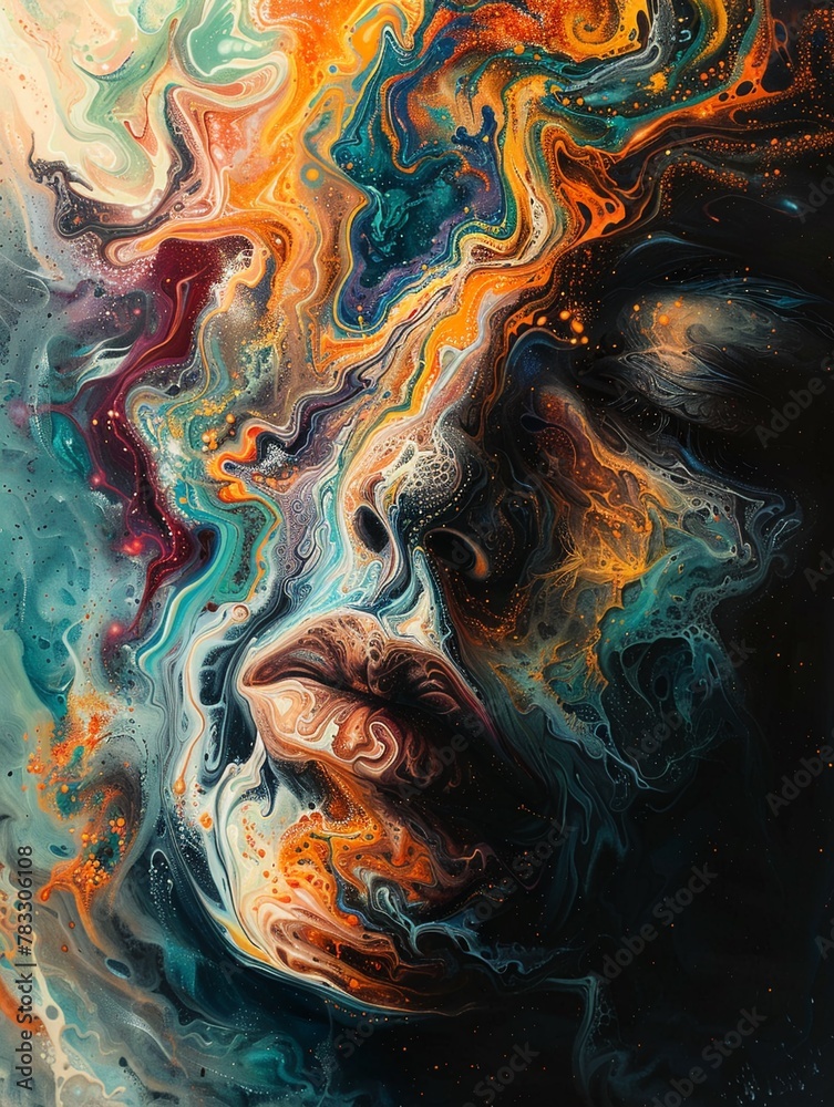Corroded visage shrouded in a swirling dance of colorful vapors, Whimsical Art,2d