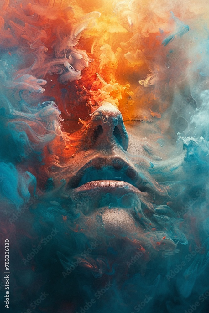 Corroding face vanishing within an explosion of chromatic vapor, stylize 2D illustrate - obrazy, fototapety, plakaty 