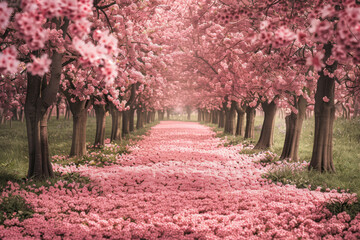 Papier peint photo Pantone 2025 Mocha Mousse a pathway lined with pink flowers in a park  © NguyenThi