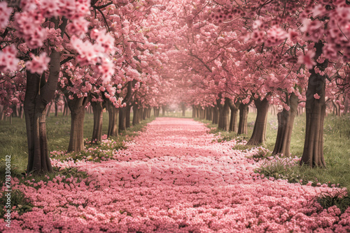 a pathway lined with pink flowers in a park