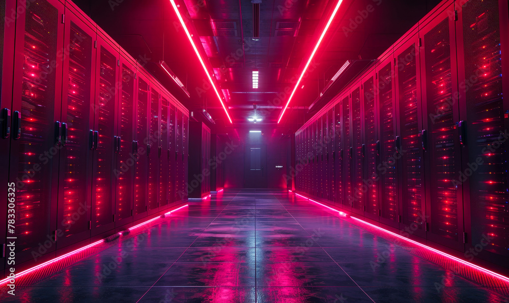 Modern Server Room with Data Flow Visualization and Complex Network Infrastructure Modern Server Room with Data Flow Visualization and Complex Network Infrastructure