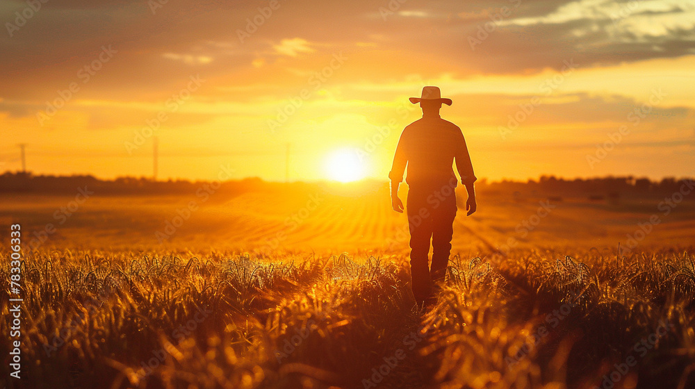 A farmer walks through the fields at sunset,  agriculture