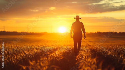 A farmer walks through the fields at sunset, agriculture