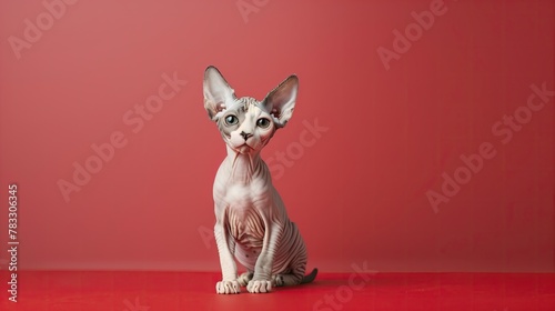 Sphinx cat on red background  looking at camera with whiskers