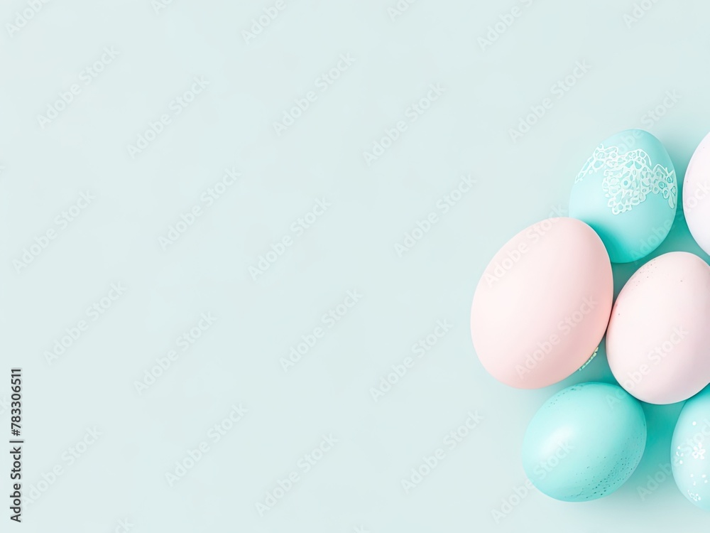 Pastel colored Easter eggs on a solid light blue background make up the background of this Easter egg card design.